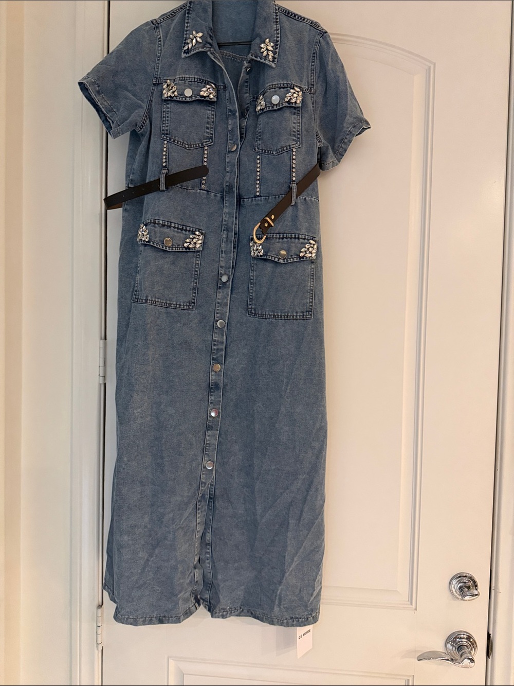 Denim Midi Crystal Dress with Belt